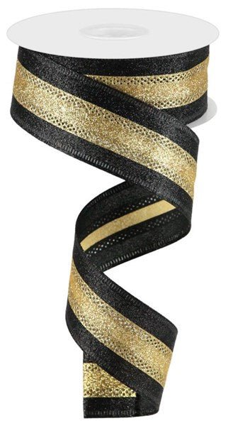 1.5" 3 - In - 1 Shimmer Glitter/Stripe: Black, Gold (10 Yards) RGA8219RF - White Bayou Wreaths & Supply