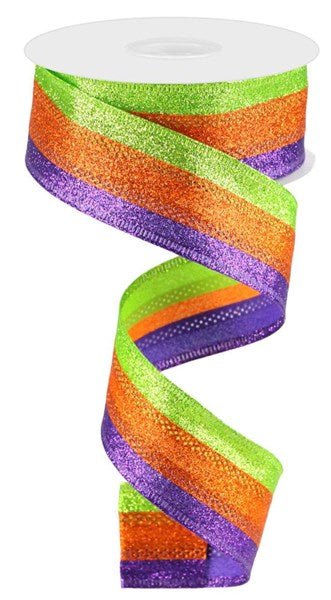 1.5" 3 - In - 1 Shimmer Glitter/Stripe: Lime, Orange, Purple (10 Yards) RGA8219E9 - White Bayou Wreaths & Supply