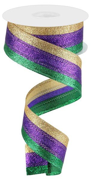 1.5" 3 - In - 1 Shimmer Glitter/Stripe: Mardi Gras - RGA8219YN - White Bayou Wreaths & Supply