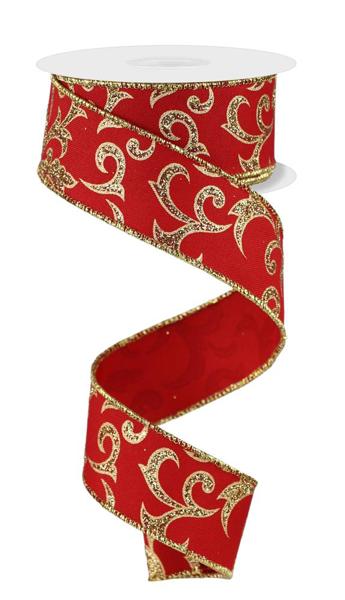 1.5" Acanthus Leaf Ribbon: Red, Gold (10 Yards) RGE184224 - White Bayou Wreaths & Supply