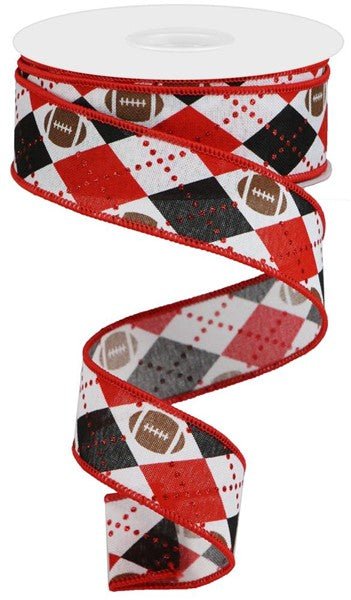 1.5" Argyle Footballs/Faux Royal: White, Red, Brown, Black (10 Yards) RGA137524 - White Bayou Wreaths & Supply