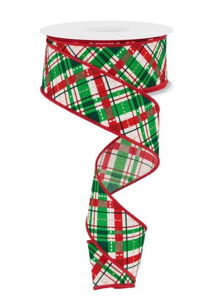 1.5" Bias Look Plaid On Diagonal: Ivory, Red, Green, Cream, Gold (10 Yards) RGE179445 - White Bayou Wreaths & Supply