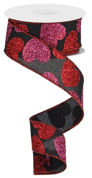 1.5" Bold Hearts On Royal: Black, Red, Pink (10 Yards) RG0166802 - White Bayou Wreaths & Supply