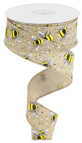 1.5" Bumble Bee On Royal: Light Beige, Yellow, Black (10 Yards) RGC179701 - White Bayou Wreaths & Supply