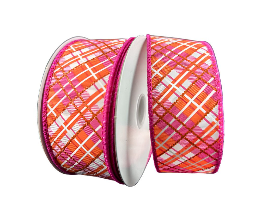 1.5" Busy Diagonal Plaid: White, Orange, Fuchsia (10 Yards) 51401 - 09 - 28 - White Bayou Wreaths & Supply