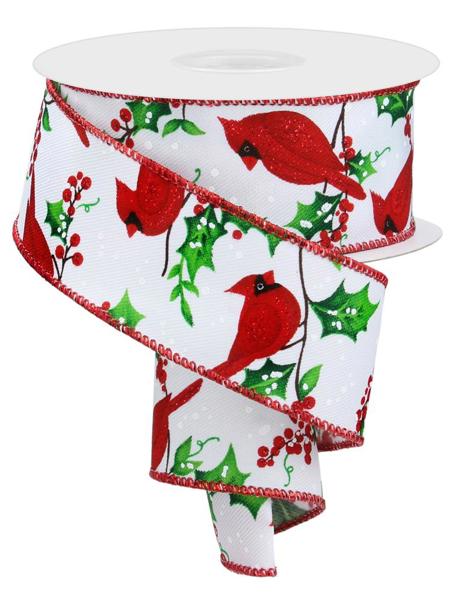 1.5" Cardinal/Holly/Berries: White, Red, Green (10 Yards) RGE153027 - White Bayou Wreaths & Supply