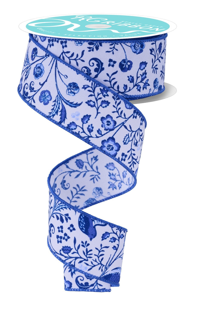 1.5" Chinoiserie Floral Ribbon: Blue & White (10 Yards) RGF1576WR - White Bayou Wreaths & Supply