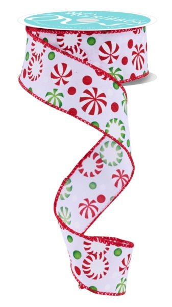 1.5" Christmas Candy: White, Gren, Red (10 Yards) RGF14268R - White Bayou Wreaths & Supply