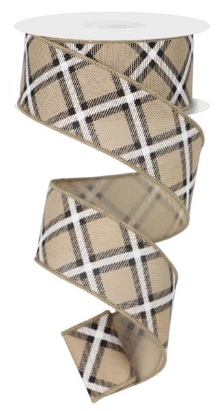 1.5" Diagonal Dash Check/Faux Royal: Beige, Black, White (10 Yards) RGE156001 - White Bayou Wreaths & Supply