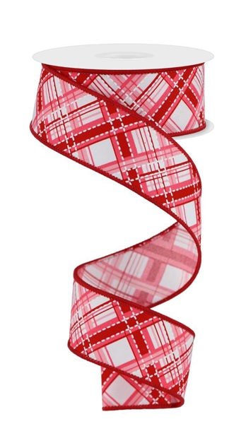 1.5" Diagonal Dash Plaid: White, Pink, Red (10 Yards) RGE184915 - White Bayou Wreaths & Supply