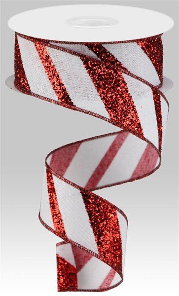 1.5" Diagonal Glitter On Royal: Red, White (10 Yards) RGA150227 - White Bayou Wreaths & Supply