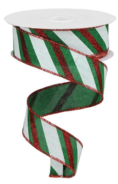 1.5" Diagonal Glitter Stripe: Emerald Green, Red, White (10 Yards) RGA107506 - White Bayou Wreaths & Supply