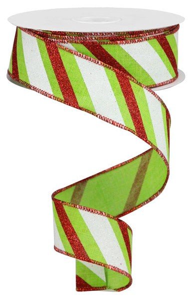 1.5" Diagonal Glitter Stripe: Lime Green, Red, White (10 Yards) RGA1075E9 - White Bayou Wreaths & Supply