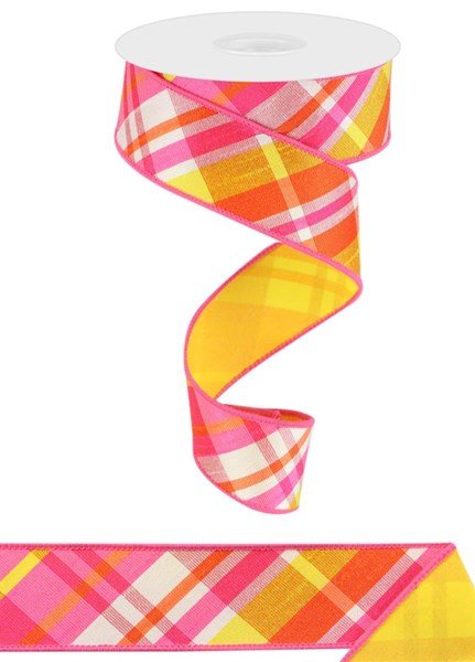 1.5" Diagonal Plaid/Pg Fused Back: Hot Pink, Orange, Yellow (10 Yards) RGX005092 - White Bayou Wreaths & Supply