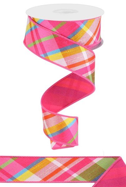 1.5" Diagonal Plaid/Pg Fused Back: Hot Pink, Turq, Lime, Yellow (10 Yards) RGX0050AW - White Bayou Wreaths & Supply