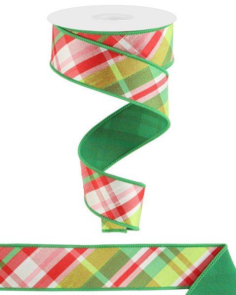 1.5" Diagonal Plaid/Pg Fused Back: Watermelon, Pink, Green (10 Yards) RGX005033 - White Bayou Wreaths & Supply