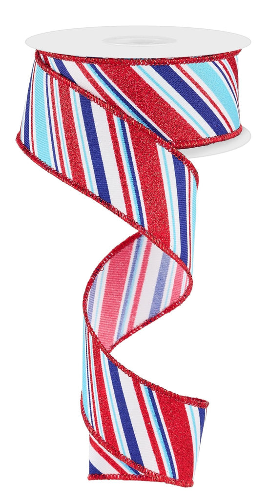 1.5" Diagonal Stripe: Red, White, Blue, Light Blue (10 Yards) RGE1824KY - White Bayou Wreaths & Supply