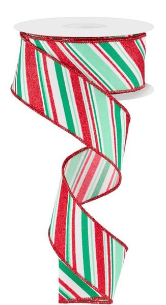 1.5" Diagonal Stripe: White, Mint, Jade, Red (10 Yards) RGE1824AN - White Bayou Wreaths & Supply