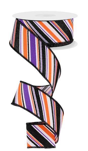 1.5" Diagonal Stripe: White, Purple, Orange, Black (10 Yards) RGE182489 - White Bayou Wreaths & Supply