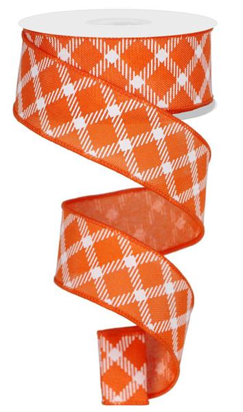 1.5" Diamond Check/Faux Royal Burlap: Orange, White (10 Yards) RGE161020 - White Bayou Wreaths & Supply