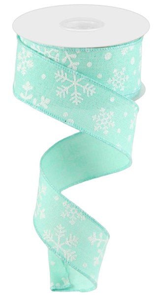 1.5" Falling Snow/Royal: Mint Green, White (10 Yards) RG01548AN - White Bayou Wreaths & Supply