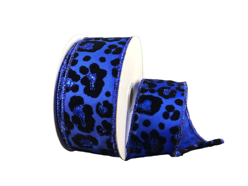 1.5" Flocked Cheetah on Satin: Royal Blue, Black (10 Yards) 68206 - 09 - 25 - White Bayou Wreaths & Supply