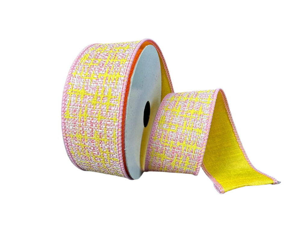 1.5" Fused Tweed / Dupioni: Pink, Yellow (10 Yards) D42511 - 09 - 49 - White Bayou Wreaths & Supply