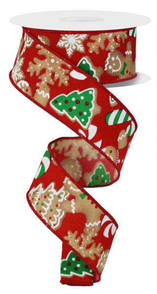 1.5" Gingerbread Cookies: Red, Brown, Emerald, White (10 Yards) RGE188424 - White Bayou Wreaths & Supply