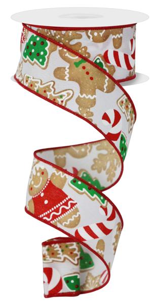 1.5" Gingerbread Cookies: White, Brown, Emerald (10 Yards) RGE187827 - White Bayou Wreaths & Supply