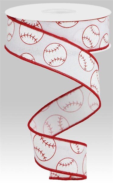 1.5" Glitter Baseball On Royal: White, Red (10 Yards) RGA117027 - White Bayou Wreaths & Supply