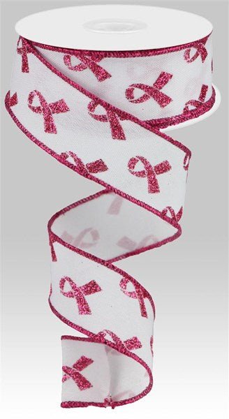 1.5" Glitter Breast Cancer: White, Hot Pink (10 Yards) RGC109227 - White Bayou Wreaths & Supply