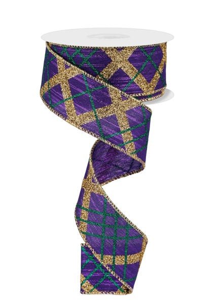 1.5" Glitter Diagonal Plaid: Mardi Gras (10 Yards) RGF109723 - White Bayou Wreaths & Supply