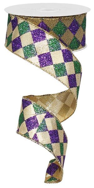 1.5" Glitter Diamond Check: Mardi Gras (10 Yards) RG1929WY - White Bayou Wreaths & Supply