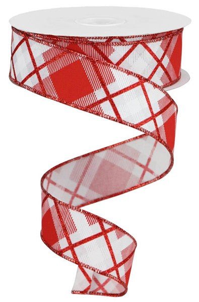 1.5" Glitter Plaid On Royal: White, Red (10 Yards) RGA1201F3 - White Bayou Wreaths & Supply