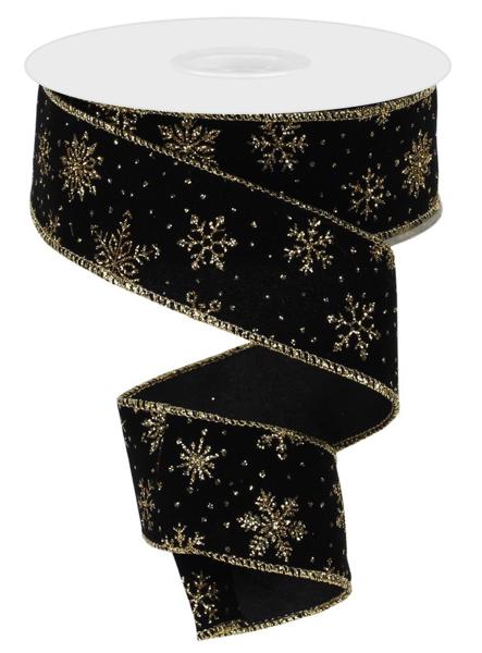 1.5" Glitter Snowflakes On Velvet: Black, Gold (10 Yards) RGE113786 - White Bayou Wreaths & Supply