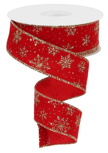 1.5" Glitter Snowflakes On Velvet: Red, Gold (10 Yards) RGE113736 - White Bayou Wreaths & Supply