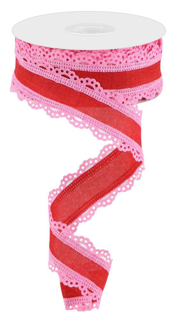 1.5" Lace Edge Royal Burlap: Pink, Red (10 Yards) RGA15418F - White Bayou Wreaths & Supply