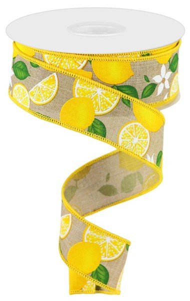 1.5" Lemons w/Leaves, Flowers on Royal (10 Yards) RGC166001 - White Bayou Wreaths & Supply