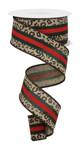 1.5" Leopard Center Stripes on Royal: Beige, Red, Emerald, Brown (10 Yards) RGC185501 - White Bayou Wreaths & Supply