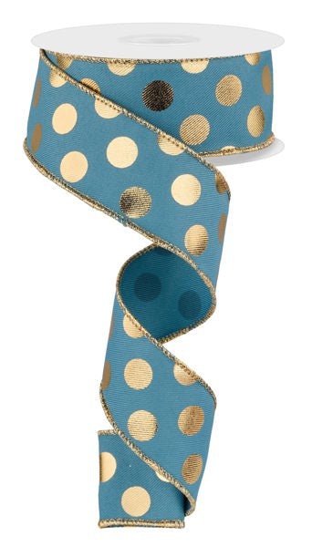 1.5" Metallic Polka Dots: Smoke Blue, Gold (10 Yards) RGE16619C - White Bayou Wreaths & Supply