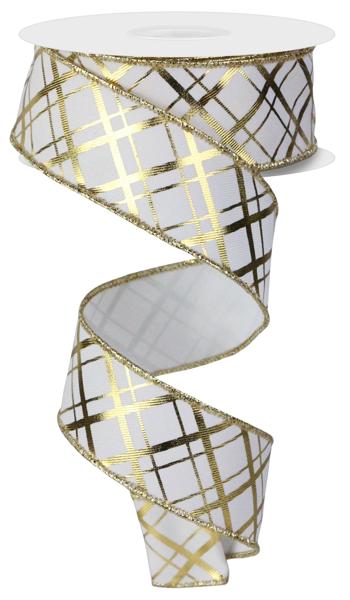 1.5" Metallic Thick/Thin Diagonal: White, Gold (10 Yards) RGE1673K3 - White Bayou Wreaths & Supply