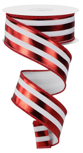 1.5" Metallic Vertical Stripes: White, Red (10 Yards) RGE143167 - White Bayou Wreaths & Supply