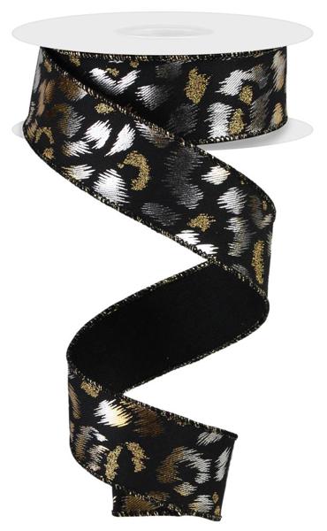 1.5" Metallic/Glitter Leopard: Black., Gold, Silver (10 Yards) RGE118802 - White Bayou Wreaths & Supply