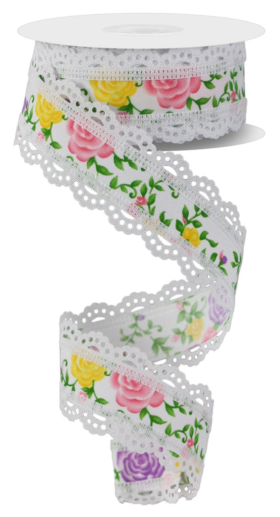 1.5" Mini Roses w/ Lace: White, Multi (10 Yards) RGA8591M6 - White Bayou Wreaths & Supply