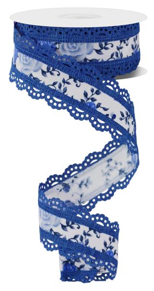 1.5" Mini Roses/Lace: White, Blue (10 Yards) RGA859125 - White Bayou Wreaths & Supply