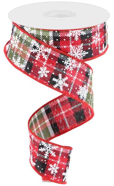 1.5" Mini Snowflake On Woven Plaid: Red, Black, White, Moss Green (10 Yards) RGC1831CM - White Bayou Wreaths & Supply