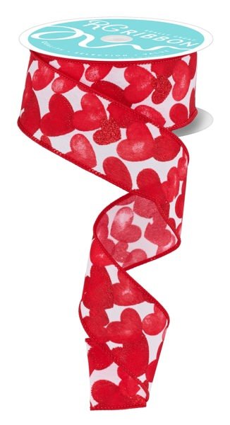 1.5" Multi Glitter Hearts On Pg Fabric: White, Red (10 Yards) RGF114527 - White Bayou Wreaths & Supply