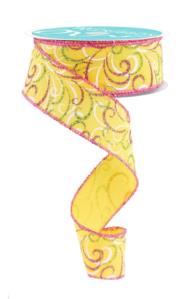 1.5" Multi Swirls: Sun Yellow, Hot Pink, Lime, White (10 Yards) RGF13328N - White Bayou Wreaths & Supply