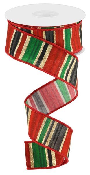 1.5" Multi Width Horizontal Stripe: Red, Emerald, Black, Gold (10 Yards) RGC155627 - White Bayou Wreaths & Supply