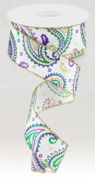 1.5" Paisley Ribbon: Mardi Gras (10 Yards) RGC137827 - White Bayou Wreaths & Supply